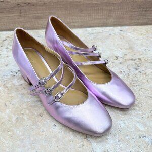 Reformation Mimi Buckle Pumps Block Heel Straps Rhinestone Pink Metallic 9.5